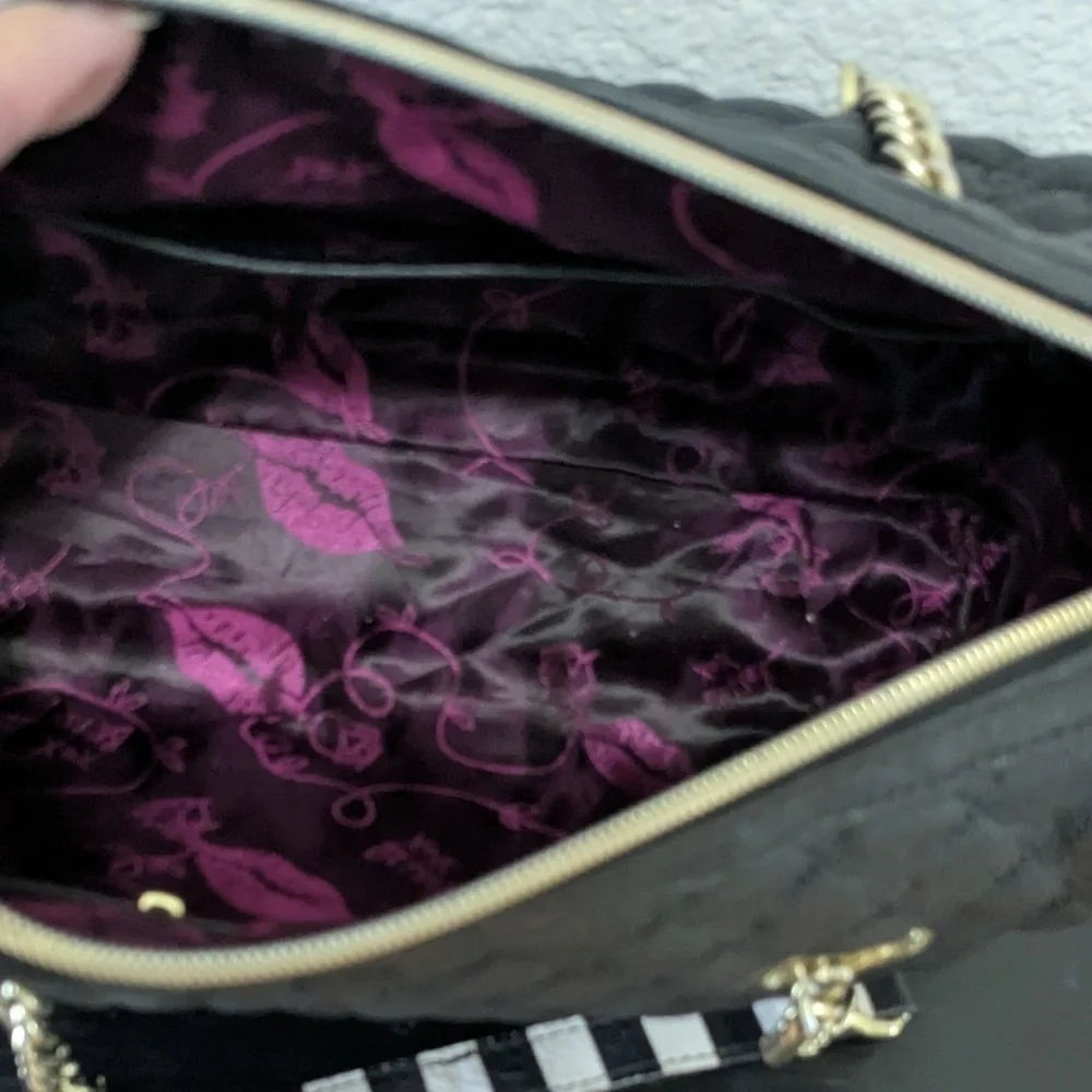 Betsey Johnson Black Quilted Barrel Satchel with Gold Chain Handles